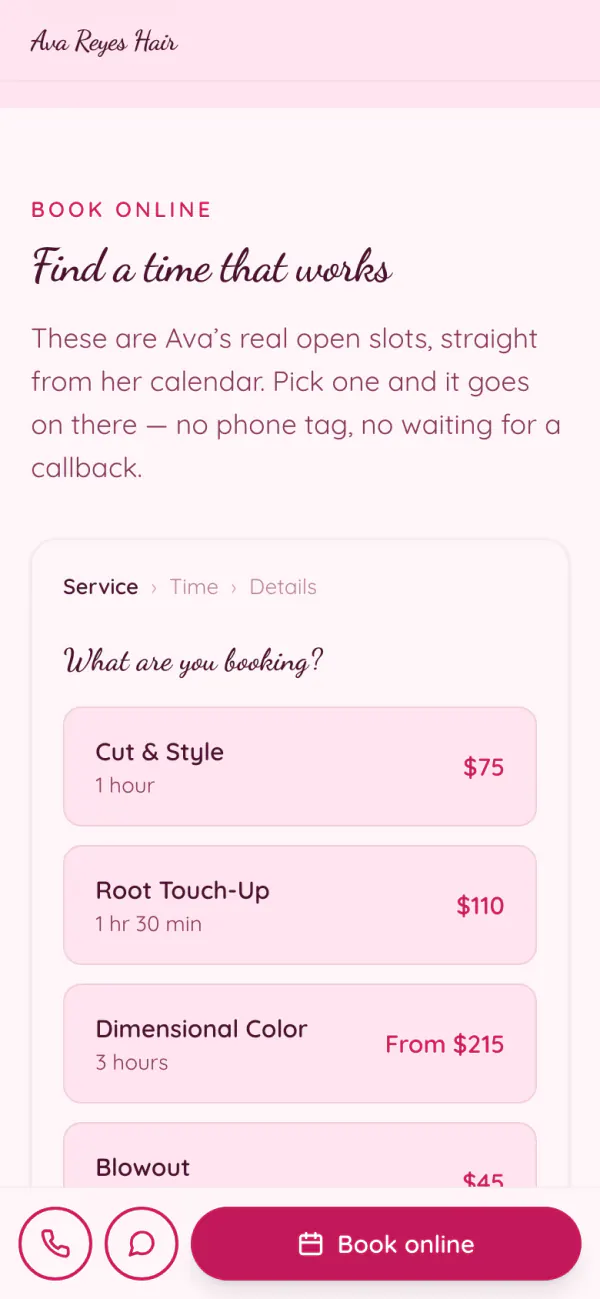 Ava's booking page: pick a service like Cut and Style or Root Touch-Up, then a time