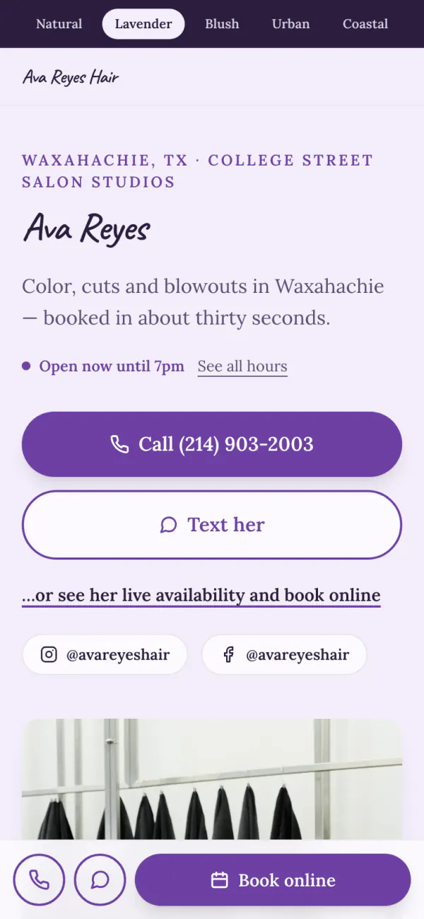 The same Ava Reyes site in its soft purple Lavender look
