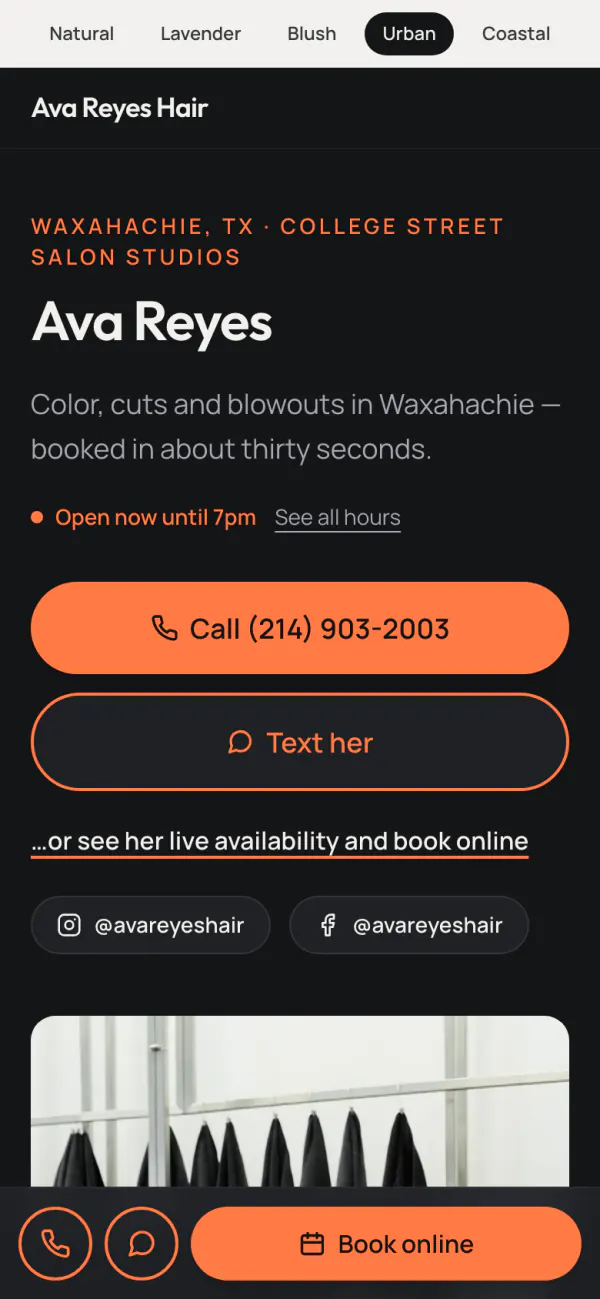 The Ava Reyes site in its dark Urban look with orange buttons